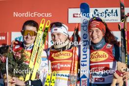 03.02.2024, Seefeld, Austria (AUT): Gyda Westvold Hansen (NOR), Ida Marie Hagen (NOR), Nathalie Armbruster (GER), (l-r)  - FIS world cup nordic combined women, individual gundersen HS109/5km, Seefeld (AUT). www.nordicfocus.com. © Modica/NordicFocus. Every downloaded picture is fee-liable.
