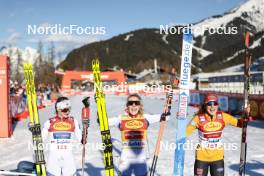 03.02.2024, Seefeld, Austria (AUT): Gyda Westvold Hansen (NOR), Ida Marie Hagen (NOR), Nathalie Armbruster (GER), (l-r) - FIS world cup nordic combined women, individual gundersen HS109/5km, Seefeld (AUT). www.nordicfocus.com. © Modica/NordicFocus. Every downloaded picture is fee-liable.