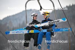 14.01.2024, Wisla, Poland (POL): Erik Belshaw (USA), Eetu Nousiainen (FIN), (l-r) - FIS world cup ski jumping men, individual HS140, Wisla (POL). www.nordicfocus.com. © Reichert/NordicFocus. Every downloaded picture is fee-liable.