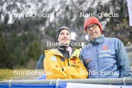 24.02.2024, Oberstdorf, Germany (GER): Felix Hoffmann (GER) with the press speaker of Germany - FIS world cup ski jumping men, individual HS235, Oberstdorf (GER). www.nordicfocus.com. © Reichert/NordicFocus. Every downloaded picture is fee-liable