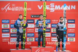 17.03.2024, Vikersund, Norway (NOR): Daniel Huber (AUT), Stefan Kraft (AUT), Domen Prevc (SLO), (l-r) - FIS world cup ski flying men, individual HS240, Vikersund (NOR). www.nordicfocus.com. © Authamayou/NordicFocus. Every downloaded picture is fee-liable.