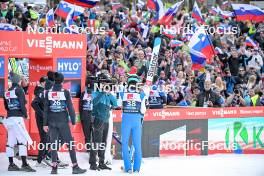 22.03.2024, Planica, Slovenia (SLO): Maksim Bartolj (SLO), Lovro Kos (SLO), Peter Prevc (SLO), (l-r) - FIS world cup ski flying men, individual HS240, Planica (SLO). www.nordicfocus.com. © Reichert/NordicFocus. Every downloaded picture is fee-liable.