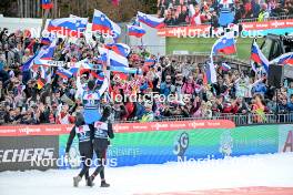 22.03.2024, Planica, Slovenia (SLO): Lovro Kos (SLO), Peter Prevc (SLO), Domen Prevc (SLO), (l-r) - FIS world cup ski flying men, individual HS240, Planica (SLO). www.nordicfocus.com. © Reichert/NordicFocus. Every downloaded picture is fee-liable.