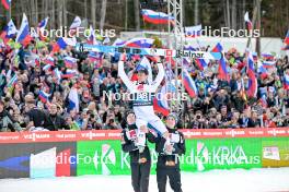 22.03.2024, Planica, Slovenia (SLO): Lovro Kos (SLO), Peter Prevc (SLO), Domen Prevc (SLO), (l-r) - FIS world cup ski flying men, individual HS240, Planica (SLO). www.nordicfocus.com. © Reichert/NordicFocus. Every downloaded picture is fee-liable.