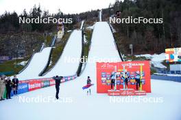 04.01.2024, Villach, Austria (AUT): Eva Pinkelnig (AUT), Nika Prevc (SLO), Nika Kriznar (SLO) - FIS world cup ski jumping women, individual HS98, Villach (AUT). www.nordicfocus.com. © Barbieri/NordicFocus. Every downloaded picture is fee-liable.
