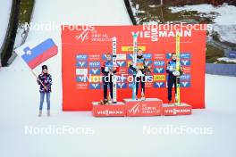 04.01.2024, Villach, Austria (AUT): Eva Pinkelnig (AUT), Nika Prevc (SLO), Nika Kriznar (SLO), (l-r) - FIS world cup ski jumping women, individual HS98, Villach (AUT). www.nordicfocus.com. © Barbieri/NordicFocus. Every downloaded picture is fee-liable.