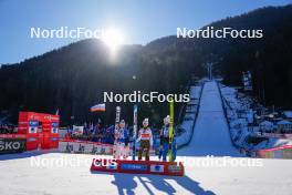 28.01.2024, Ljubno, Slovenia (SLO): Eva Pinkelnig (AUT), Nika Prevc (SLO), Nika Kriznar (SLO), (l-r)  - FIS world cup ski jumping women, individual HS94, Ljubno (SLO). www.nordicfocus.com. © Barbieri/NordicFocus. Every downloaded picture is fee-liable.