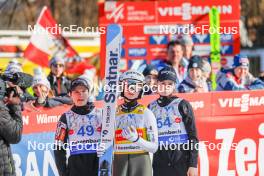 25.02.2024, Hinzenbach, Austria (AUT): Ema Klinec (SLO), Nika Prevc (SLO), Nika Kriznar (SLO), (l-r)  - FIS world cup ski jumping women, individual HS90, Hinzenbach (AUT). www.nordicfocus.com. © Volk/NordicFocus. Every downloaded picture is fee-liable