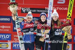 12.03.2024, Trondheim, Norway (NOR): Eva Pinkelnig (AUT), Eirin Maria Kvandal (NOR), Nika Kriznar (SLO), (l-r) - FIS world cup ski jumping women, individual HS100, Trondheim (NOR). www.nordicfocus.com. © Thibaut/NordicFocus. Every downloaded picture is fee-liable.