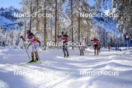 13.01.2024, Sexten, Italy (ITA): Morten Eide Pedersen (NOR), Oskar Kardin (SWE), Axel Jutterstroem (SWE), Thomas Joly (FRA), (l-r)  - Ski Classics 3 Zinnen Ski Marathon - Sexten (ITA). www.nordicfocus.com. © Vanzetta/NordicFocus. Every downloaded picture is fee-liable.