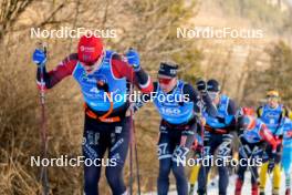 28.01.2024, Trentino, Italy (ITA): Johan Hoel (NOR), Alvar Myhlback (SWE), Emil Persson (SWE), Karstein Johaug (NOR), Alfred Buskqvist (SWE), Amund Riege (NOR), (l-r) - Ski Classics Marcialonga, Trentino (ITA). www.nordicfocus.com. © Vanzetta/NordicFocus. Every downloaded picture is fee-liable.