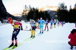 28.01.2024, Trentino, Italy (ITA): Kasper Stadaas (NOR), Amund Riege (NOR), Jan Srail (CZE), Miro Karppanen (FIN), Einar Kalland-Olsen (NOR), Eddie Edstroem (SWE), Petter Stakston (NOR), (l-r) - Ski Classics Marcialonga, Trentino (ITA). www.nordicfocus.com. © Vanzetta/NordicFocus. Every downloaded picture is fee-liable.