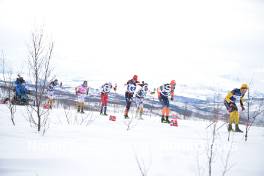 07.04.2024, Bardufoss-Finnsnes, Norway (NOR): Axel Jutterstroem (SWE), Thomas Odegaarden (NOR), Martin Loewstroem Nyenget (NOR), Kasper Stadaas (NOR), Eirik Sverdrup Augdal (NOR), Petter Stakston (NOR), Amund Riege (NOR), (l-r) - Ski Classics Summit 2 Senja, Bardufoss-Finnsnes (NOR). www.nordicfocus.com. © Reichert/NordicFocus. Every downloaded picture is fee-liable.