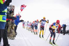 07.04.2024, Bardufoss-Finnsnes, Norway (NOR): Thomas Oedegaarden (NOR), Kasper Stadaas (NOR), Petter Stakston (NOR), Amund Riege (NOR), Johan Hoel (NOR), (l-r) - Ski Classics Summit 2 Senja, Bardufoss-Finnsnes (NOR). www.nordicfocus.com. © Reichert/NordicFocus. Every downloaded picture is fee-liable.