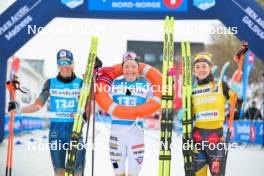 07.04.2024, Bardufoss-Finnsnes, Norway (NOR): Astrid Oeyre Slind (NOR), Magni Smedaas (NOR), Emilie Fleten (NOR), (l-r) - Ski Classics Summit 2 Senja, Bardufoss-Finnsnes (NOR). www.nordicfocus.com. © Reichert/NordicFocus. Every downloaded picture is fee-liable.
