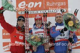 07.12.2007, Hochfilzen (AUT): winner l-r: Ole Einar Bjoerndalen (NOR), Dmitri Yaroshenko (RUS), Andrei Makoveev (RUS)   - IBU World Cup biathlon, sprint men - Hochfilzen (AUT). www.nordicfocus.com. c Furtner/NordicFocus. Every downloaded picture is fee-liable.