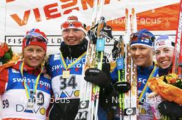 08.12.2007, Davos (SUI): l-r: Vibeke W. Skofterud (NOR), Virpi Kuitunen (FIN), Aino Kaisa Saarinen (FIN), Kristin Muerer Stemland (NOR)  - FIS World Cup cross-country, 10km women - Davos (SUI). www.nordicfocus.com. c Manzoni/NordicFocus. Every downloaded picture is fee-liable.