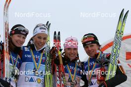 09.12.2007, Davos (SUI): l-r: Katrin Zeller (GER), Stefanie Boehler (GER), Evi Sachenbacher Stehle (GER), Manuela Henkel (GER) - FIS World Cup cross-country, relay women - Davos (SUI). www.nordicfocus.com. c Manzoni/NordicFocus. Every downloaded picture is fee-liable.