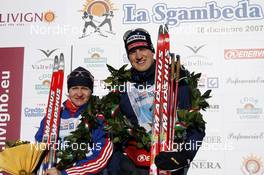 16.12.2007, Livigno, Italy (ITA):the two winners l-r: Tatjana Jambaeva (RUS), Jerry Ahrlin (SWE)  - Worldloppet La Sgambeda, Livigno (ITA). www.nordicfocus.com. c Felgenhauer/NordicFocus. Every downloaded picture is fee-liable.