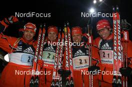 10.01.2008, Ruhpolding, Germany (GER): l-r: Ole Einar Bjoerndalen (NOR), Rune Bratsveen (NOR), Halvard Hanevold (NOR), Emil Hegle Svendsen (NOR) - IBU world cup biathlon, relay men, Ruhpolding (GER). www.nordicfocus.com. c Manzoni/NordicFocus. Every downloaded picture is fee-liable.