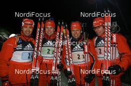 10.01.2008, Ruhpolding, Germany (GER): l-r: Ole Einar Bjoerndalen (NOR), Rune Bratsveen (NOR), Halvard Hanevold (NOR), Emil Hegle Svendsen (NOR) - IBU world cup biathlon, relay men, Ruhpolding (GER). www.nordicfocus.com. c Manzoni/NordicFocus. Every downloaded picture is fee-liable.