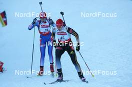 11.01.2008, Ruhpolding, Germany (GER): Kati Wilhelm (GER) and Albina Akhatova (RUS) - IBU world cup biathlon, sprint women, Ruhpolding (GER). www.nordicfocus.com. c Manzoni/NordicFocus. Every downloaded picture is fee-liable.