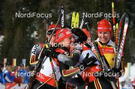 20.01.2008, Antholz, Italy (ITA): Andrea Henkel (GER) and Kathrin Hitzer (GER) with Magdalena Neuner (GER) and Kati Wilhelm (GER) - IBU World Cup biathlon, mass women - Antholz (ITA). www.nordicfocus.com. c Manzoni/NordicFocus. Every downloaded picture is fee-liable.