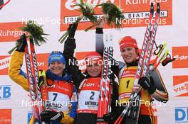 20.01.2008, Antholz, Italy (ITA): vl-r: Anna Carin Olofsson (SWE), Andrea Henkel (GER), Kati Wilhelm (GER) - IBU World Cup biathlon, mass women - Antholz (ITA). www.nordicfocus.com. c Manzoni/NordicFocus. Every downloaded picture is fee-liable.
