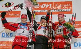 29.02.2008, Pyeong Chang, Korea (KOR): Podium, l-r: Halvard Hanevold (NOR), Michael Greis (GER), Alexander Os (NOR)  - IBU World Cup biathlon, pursuit men - Pyeong Chang (KOR). www.nordicfocus.com. c Hemmersbach/NordicFocus. Every downloaded picture is fee-liable.