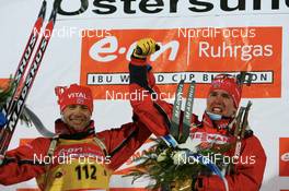 14.02.2008, Oestersund, Sweden (SWE): Ole Einar Bjoerndalen (NOR) and Emil Hegle Svendsen (NOR) - IBU World Championchip of Biathlon, individual men - Oestersund (SWE). www.nordicfocus.com. c Manzoni/NordicFocus. Every downloaded picture is fee-liable.