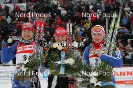10.02.2008, Oestersund, Sweden (SWE): medal, l-r Ekaterina Iourieva (RUS), Andrea Henkel (GER), Albina Akhatova (RUS) - IBU World Championchip of Biathlon, medal shooting - Oestersund (SWE). www.nordicfocus.com. c Hemmersbach/NordicFocus. Every downloaded picture is fee-liable.