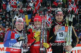 10.02.2008, Oestersund, Sweden (SWE): medal, l-r: Maxim Tchoudov (RUS), Ole Einar Bjoerndalen (NOR), Alexander Wolf (GER)  - IBU World Championchip of Biathlon, medal shooting - Oestersund (SWE). www.nordicfocus.com. c Hemmersbach/NordicFocus. Every downloaded picture is fee-liable.
