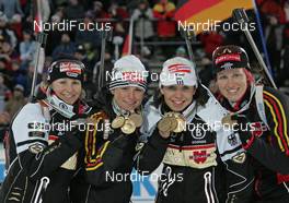 17.02.2008, Oestersund, Sweden (SWE): medal, German team l-r: Martina Glagow (GER), Andrea Henkel (GER), Magdalena Neuner (GER), Kati Wilhelm (GER)  - IBU World Championchip of Biathlon, medal shooting - Oestersund (SWE). www.nordicfocus.com. c Hemmersbach/NordicFocus. Every downloaded picture is fee-liable.