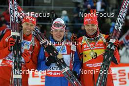 09.02.2008, Oestersund, Sweden (SWE): l-r: Halvard Hanevold (NOR), Maxim Tchoudov (RUS), Ole Einar Bjoerndalen (NOR) - IBU World Championchip of Biathlon, medal shooting - Oestersund (SWE). www.nordicfocus.com. c Manzoni/NordicFocus. Every downloaded picture is fee-liable.