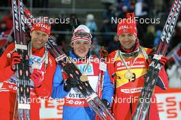 09.02.2008, Oestersund, Sweden (SWE): l-r: Halvard Hanevold (NOR), Maxim Tchoudov (RUS), Ole Einar Bjoerndalen (NOR) - IBU World Championchip of Biathlon, medal shooting - Oestersund (SWE). www.nordicfocus.com. c Manzoni/NordicFocus. Every downloaded picture is fee-liable.
