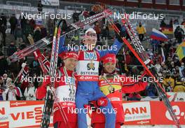 09.02.2008, Oestersund, Sweden (SWE): Medalwinners l-r: Halvard Hanevold (NOR), Maxim Tchoudov (RUS), Ole Einar Bjoerndalen (NOR)  - IBU World Championchip of Biathlon, medal shooting - Oestersund (SWE). www.nordicfocus.com. c Hemmersbach/NordicFocus. Every downloaded picture is fee-liable.