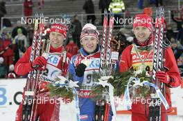 09.02.2008, Oestersund, Sweden (SWE): l-r: Halvard Hanevold (NOR), Maxim Tchoudov (RUS), Ole Einar Bjoerndalen (NOR) - IBU World Championchip of Biathlon, medal shooting - Oestersund (SWE). www.nordicfocus.com. c Furtner/NordicFocus. Every downloaded picture is fee-liable.