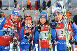 xx.02.2008, Oestersund, Sweden (SWE): l-r: Dmitri Iarochenko (RUS), Svetlana Sleptsova (RUS), Oksana Neupokoeva (RUS), Nikolay Kruglov (RUS) - IBU World Championchip of Biathlon, medal shooting - Oestersund (SWE). www.nordicfocus.com. c Manzoni/NordicFocus. Every downloaded picture is fee-liable.
