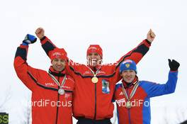 17.02.2008, Oestersund, Sweden (SWE): l-r: Ole Einar Bjoerndalen (NOR), Emil Hegle Svendsen (NOR), Maxim Tchoudov (RUS) - IBU World Championchip of Biathlon, medal shooting - Oestersund (SWE). www.nordicfocus.com. c Manzoni/NordicFocus. Every downloaded picture is fee-liable.