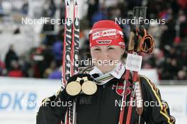 10.02.2008, Oestersund, Sweden (SWE): two gold medals for Andrea Henkel (GER) - IBU World Championchip of Biathlon, medal shooting - Oestersund (SWE). www.nordicfocus.com. c Furtner/NordicFocus. Every downloaded picture is fee-liable.