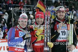 10.02.2008, Oestersund, Sweden (SWE): l-r: Maxim Tchoudov (RUS), Ole Einar Bjoerndalen (NOR), Alexander Wolf (GER) - IBU World Championchip of Biathlon, medal shooting - Oestersund (SWE). www.nordicfocus.com. c Furtner/NordicFocus. Every downloaded picture is fee-liable.
