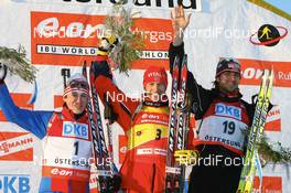 10.02.2008, Oestersund, Sweden (SWE): l-r: Maxim Tchoudov (RUS), Ole Einar Bjoerndalen (NOR), Alexander Wolf (GER) - IBU World Championchip of Biathlon, pursuit men - Oestersund (SWE). www.nordicfocus.com. c Manzoni/NordicFocus. Every downloaded picture is fee-liable.