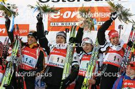 12.02.2008, Oestersund, Sweden (SWE): l-r: Michael Greis (GER), Andreas Birnbacher (GER), Magdalena Neuner (GER), Sabrina Buchholz (GER) - IBU World Championchip of Biathlon, relay mixed - Oestersund (SWE). www.nordicfocus.com. c Manzoni/NordicFocus. Every downloaded picture is fee-liable.