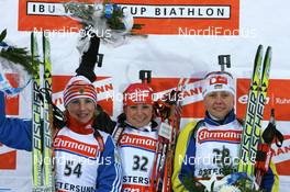 09.02.2008, Oestersund, Sweden (SWE): l-r: Albina Akhatova (RUS), Andrea Henkel (GER), Oksana Khvostenko (UKR) - IBU World Championchip of Biathlon, sprint women - Oestersund (SWE). www.nordicfocus.com. c Manzoni/NordicFocus. Every downloaded picture is fee-liable.