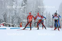 07.12.2008, Oestersund, Sweden (SWE): Ole Einar Bjoerndalen (NOR), Madshus, Rottefella, Odlo, Ronny Hafsaas (NOR), Madshus, Rottefella, Odlo, Christian de Lorenzi (ITA), Fischer, Rottefella, Alpina, Leki - IBU world cup biathlon, pursuit men, Oestersund (SWE). www.nordicfocus.com. © Manzoni/NordicFocus. Every downloaded picture is fee-liable.