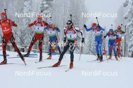 07.12.2008, Oestersund, Sweden (SWE): Group with Ole Einar Bjoerndalen (NOR), Madshus, Rottefella, Odlo, Ronny Hafsaas (NOR), Madshus, Rottefella, Odlo, Christian de Lorenzi (ITA), Fischer, Rottefella, Alpina, Leki - IBU world cup biathlon, pursuit men, Oestersund (SWE). www.nordicfocus.com. © Manzoni/NordicFocus. Every downloaded picture is fee-liable.
