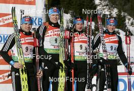 14.12.2008, Hochfilzen, Austria (AUT): Team Ukraine l-r: Vyacheslav Derkach (UKR), Fischer, Rottefella, Alpina, Swix, Andriy Deryzemlya (UKR), Fischer, Rottefella, Swix, Oleg Berezhnoy (UKR), Madshus, Rottefella, Alpina, Swix, Roman Pryma (UKR), Salomon - IBU world cup biathlon, relay men, Hochfilzen (AUT). www.nordicfocus.com. © Furtner/NordicFocus. Every downloaded picture is fee-liable.