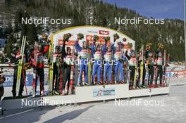 14.12.2008, Hochfilzen, Austria (AUT): Winner teams l-r: AUT, RUS, UKR - IBU world cup biathlon, relay men, Hochfilzen (AUT). www.nordicfocus.com. © Furtner/NordicFocus. Every downloaded picture is fee-liable.