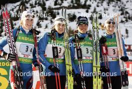 14.12.2008, Hochfilzen, Austria (AUT): Team FRA l-r: Sandrine Bailly (FRA), Madshus, Rottefella, Swix, Odlo, Julie Carraz (FRA), Fischer, Rottefella, Exel, Odlo, Sylvie Becaert (FRA), Fischer, Rottefella, Exel, Odlo, Marie Laure Brunet (FRA), Rossignol, Rottefella, Swix, Odlo - IBU world cup biathlon, relay women, Hochfilzen (AUT). www.nordicfocus.com. © Furtner/NordicFocus. Every downloaded picture is fee-liable.