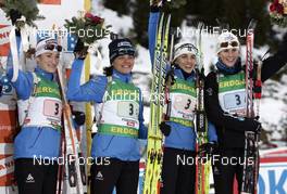 14.12.2008, Hochfilzen, Austria (AUT): Team FRA l-r: Marie Laure Brunet (FRA), Rossignol, Rottefella, Swix, Odlo, Sylvie Becaert (FRA), Fischer, Rottefella, Exel, Odlo, Julie Carraz (FRA), Fischer, Rottefella, Exel, Odlo, Sandrine Bailly (FRA), Madshus, Rottefella, Swix, Odlo - IBU world cup biathlon, relay women, Hochfilzen (AUT). www.nordicfocus.com. © Furtner/NordicFocus. Every downloaded picture is fee-liable.